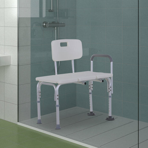 6-Level Adjustable Bath and Shower Transfer Bench Aluminum Chair with Non-Slip Feet, Armrest &; Backrest, White