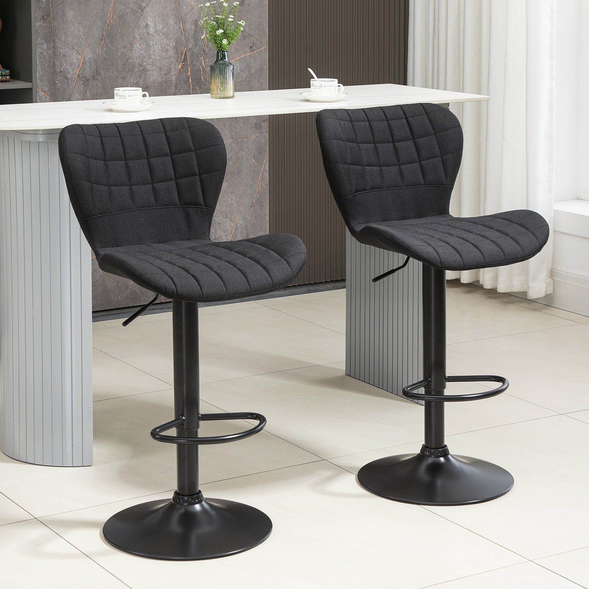 Bar Stools Set of 2 Adjustable Height Swivel Bar Chairs in Linen Fabric with Backrest &; Footrest, Black Bar Stools   at Gallery Canada