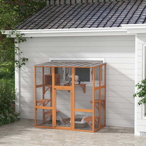 Outdoor Cat Enclosure Window Box with Weatherproof Roof, Bridge, Resting Box, Platforms, for 2 Kittens, Orange