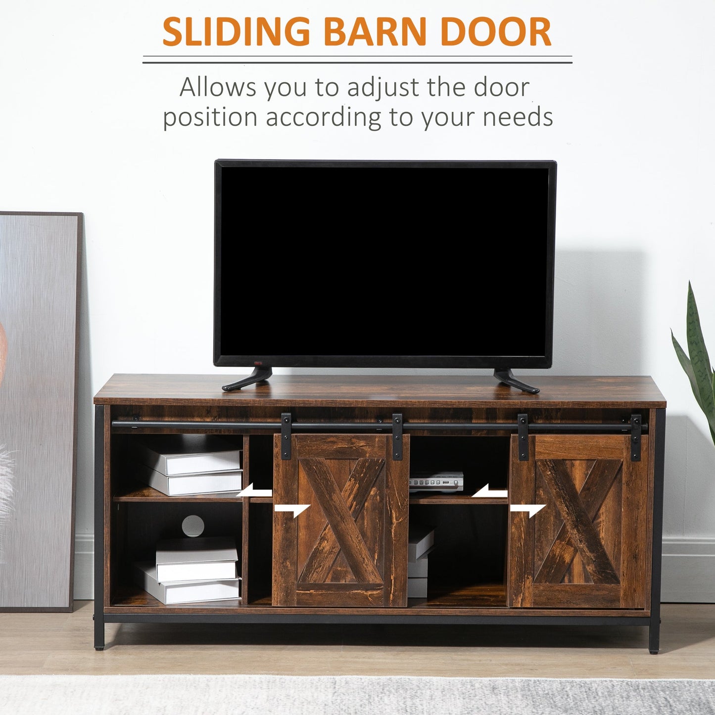 Industrial TV Stand for TVs up to 60", TV Console with Storage and 2 Sliding Barn Doors, Freestanding Entertainment Unit for Living Room, Brown TV Stands   at Gallery Canada