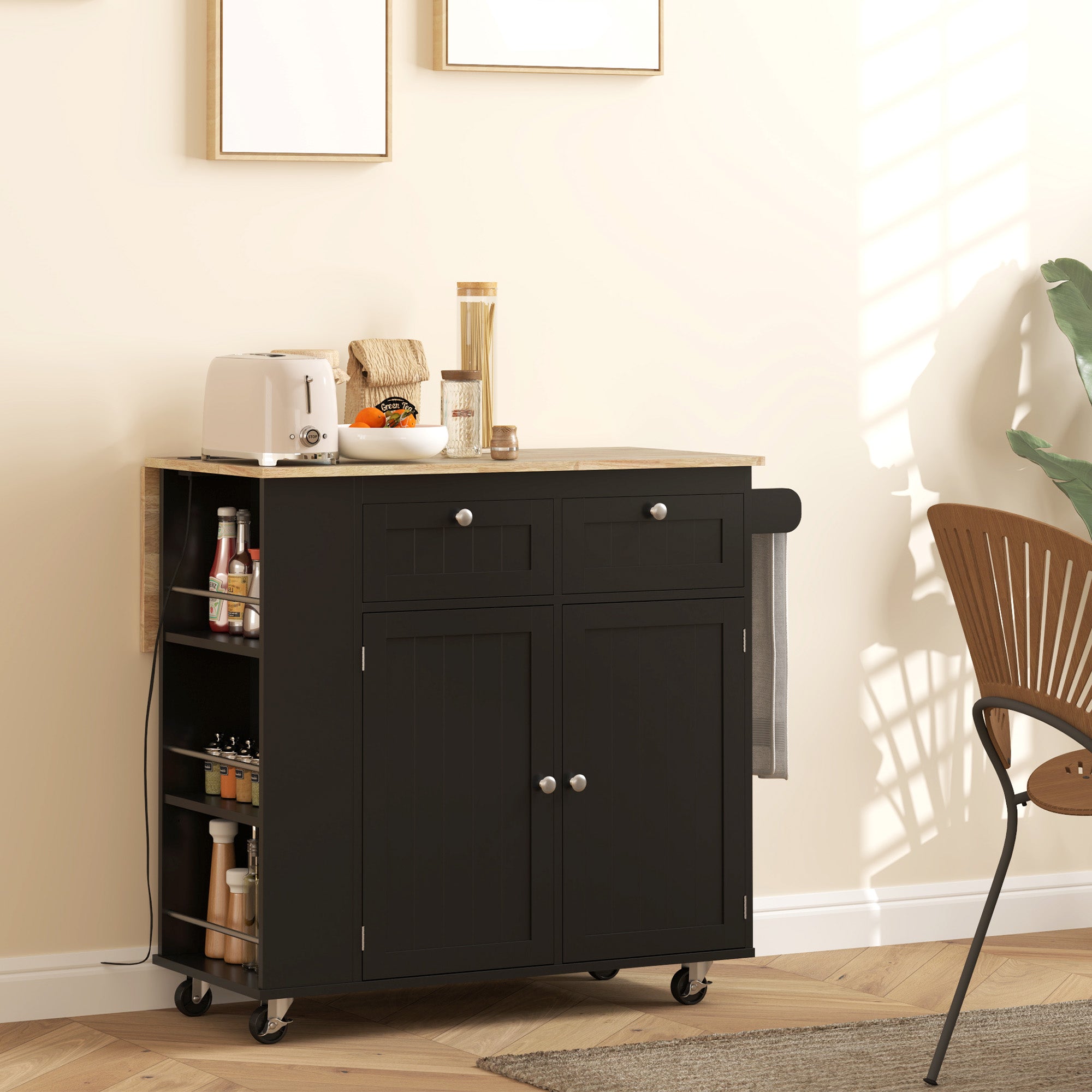 Kitchen Island with Power Outlet and Drop Leaf, Rolling Kitchen Cart with 2 Drawers and Adjustable Shelves, Black Kitchen Islands & Kitchen Carts at Gallery Canada