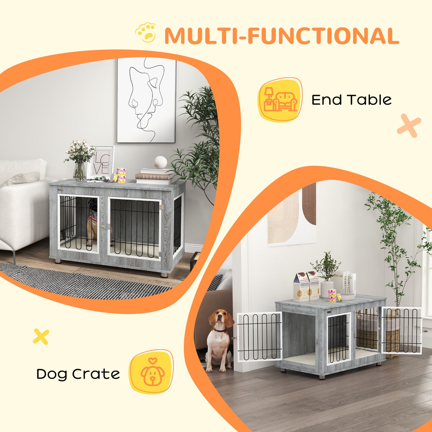 Pet Crate Side End Table for Indoor Use with Cushion, Double Doors, Grey Houses, Kennels & Pens   at Gallery Canada