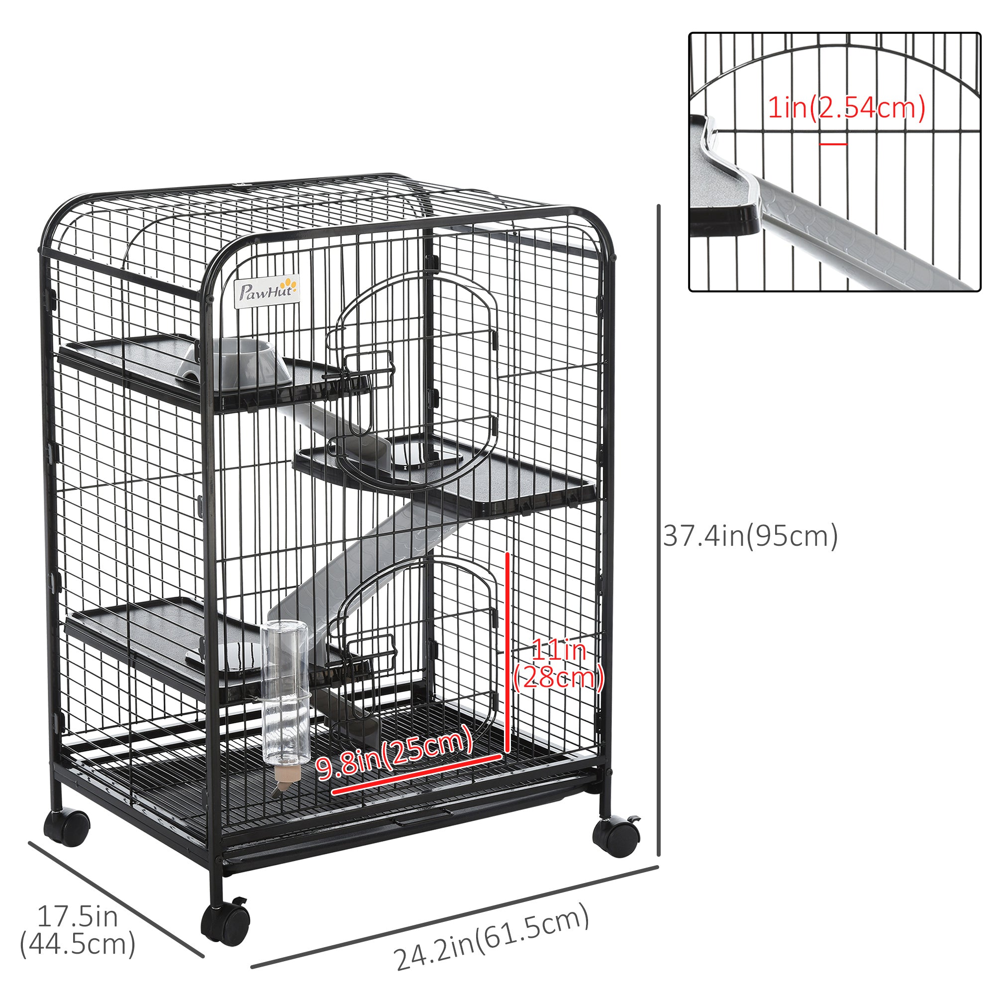 4-Tier Small Animal Cage Pet Playpen for Rabbit Ferret Chinchilla on Wheels with Removable Tray Platform Ramp Food Dish Water Bottle, 24