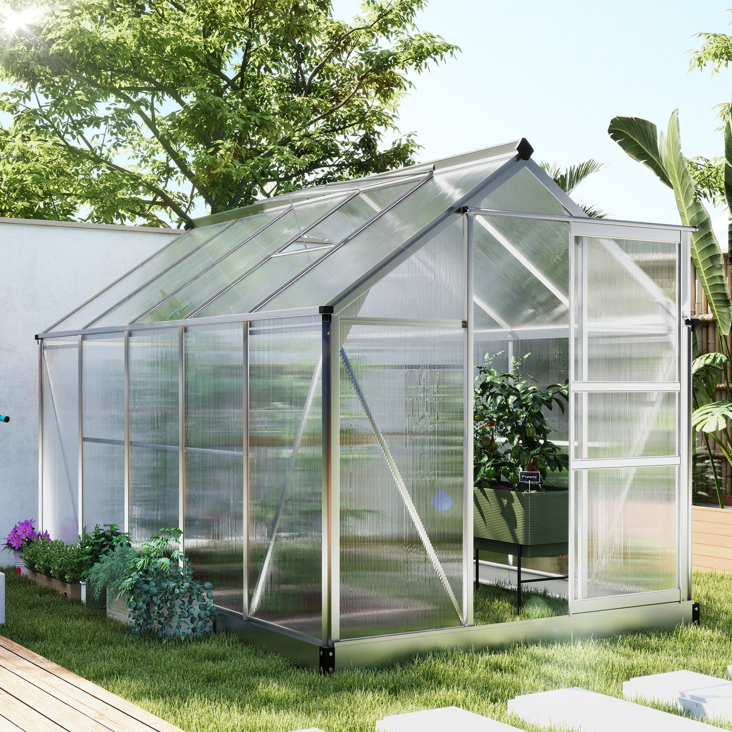 6' x 10' x 6.6' Polycarbonate Greenhouse, Walk-In Green House Kit Garden, Plants Grow, Galvanized Sheet Aluminum Frame with Rain Gutter, Vents and Sliding Door, Sliver Walk In Greenhouses at Gallery Canada