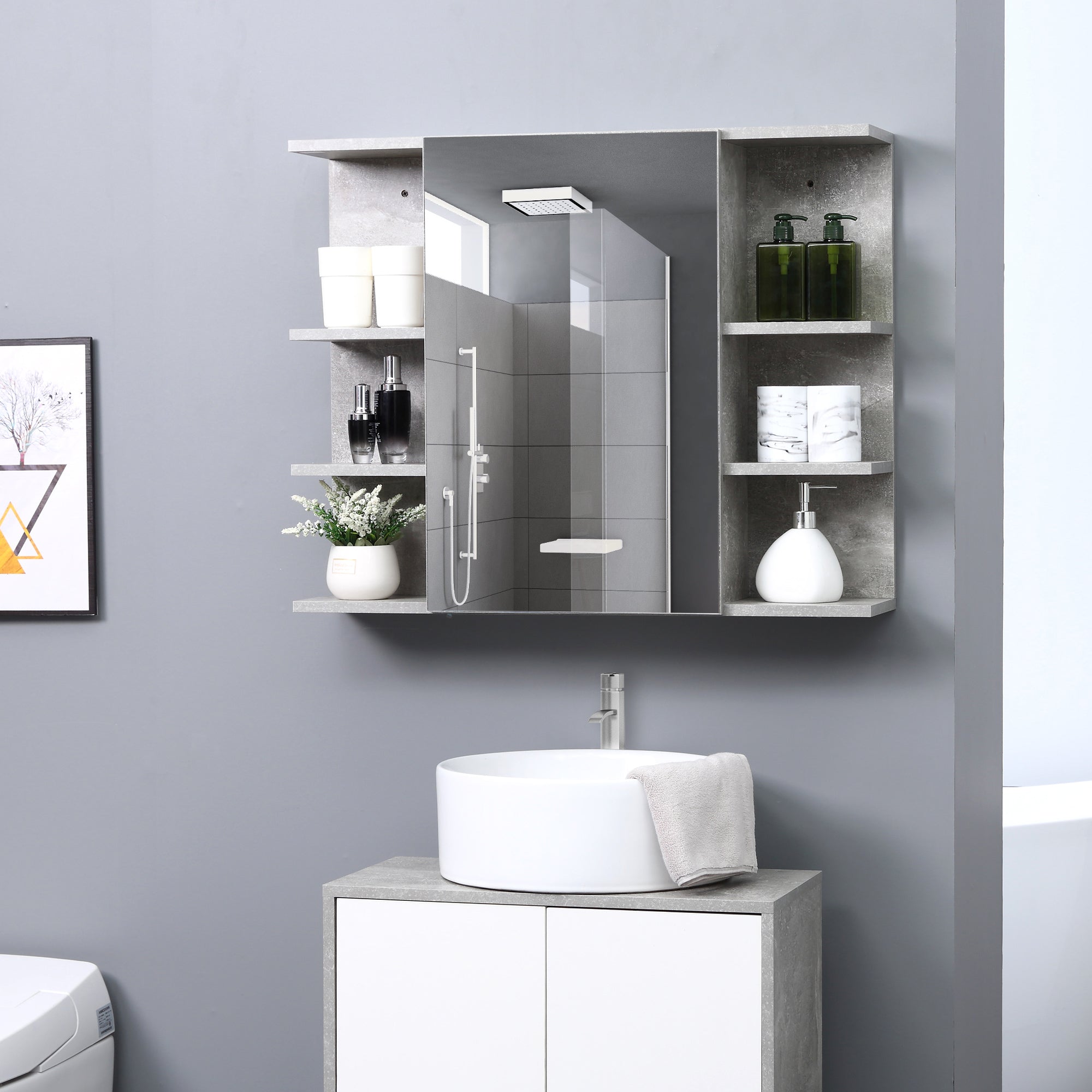 Medicine Cabinet with Mirror, Cement-Like Contemporary Bathroom Wall Cabinet with 6 Open Shelves, Grey Mirror Medicine Cabinets at Gallery Canada
