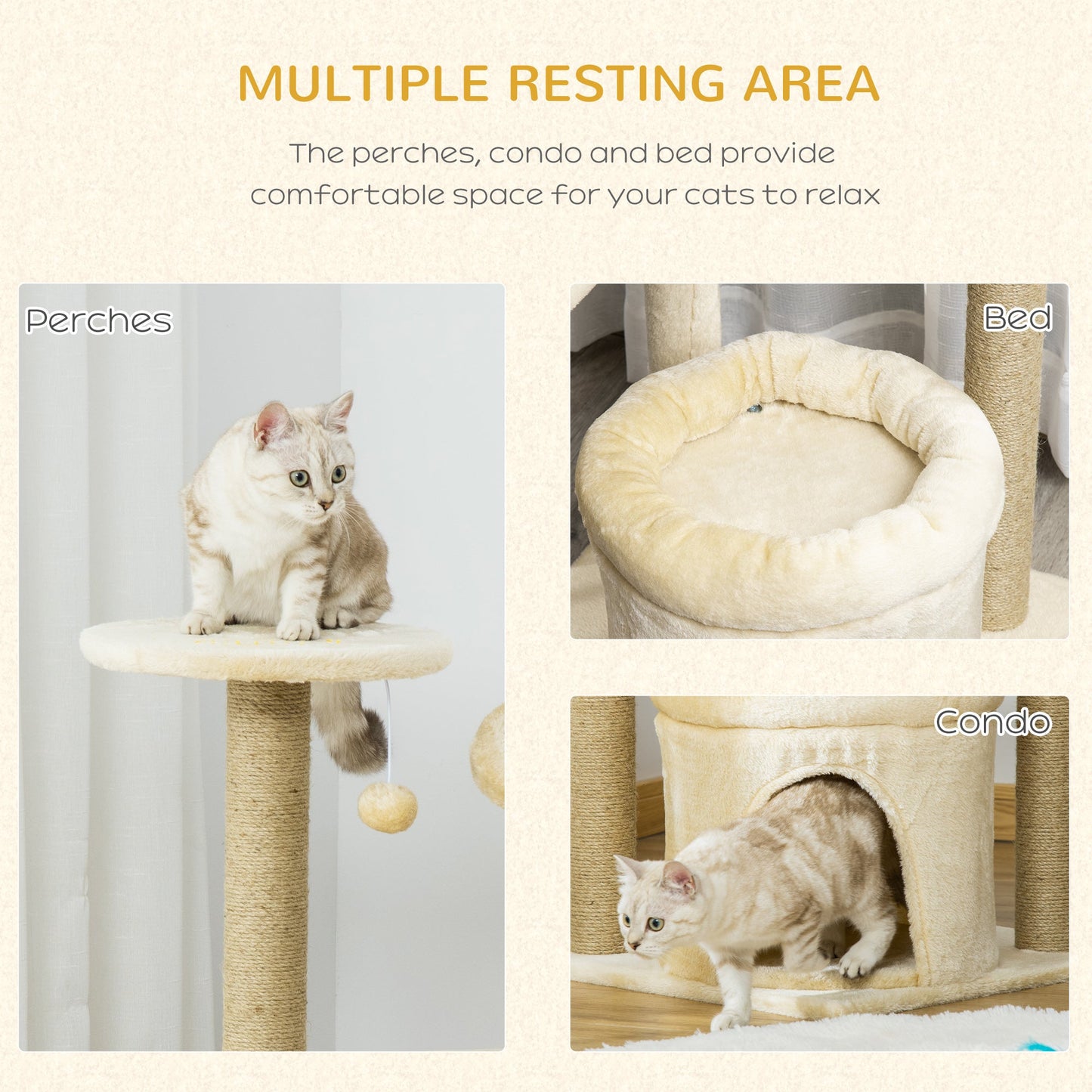 34.25'' Cat Tree Tower Kitten Multi-Level House with Condo Bed Scratching Post Pad Perch Ball Toy Inches, Beige - Gallery Canada