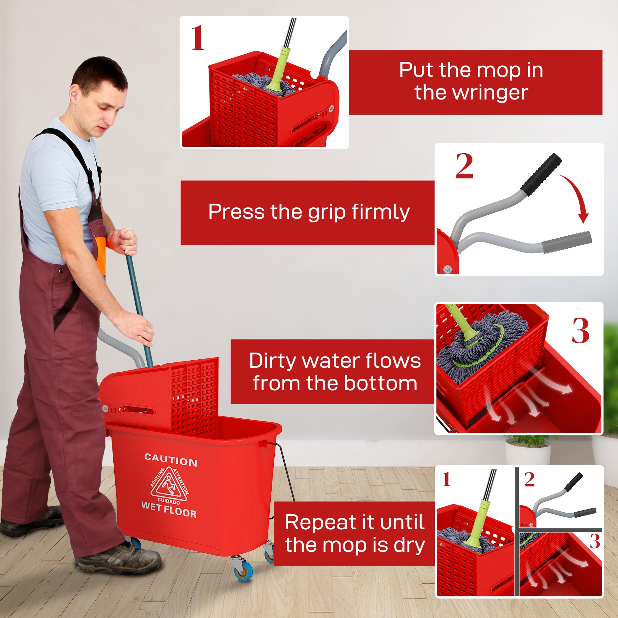 Mop Bucket with Wringer, Mop Bucket on Wheels for Floor Cleaning, 5 Gallon, Separate Dirty and Clean Water, Red Household Supplies at Gallery Canada