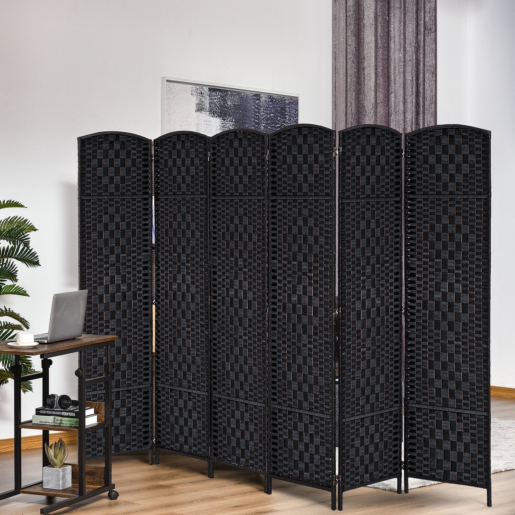 6ft Folding Room Divider, 6 Panel Wall Partition with Wooden Frame for Bedroom, Home Office, Black Room Dividers   at Gallery Canada