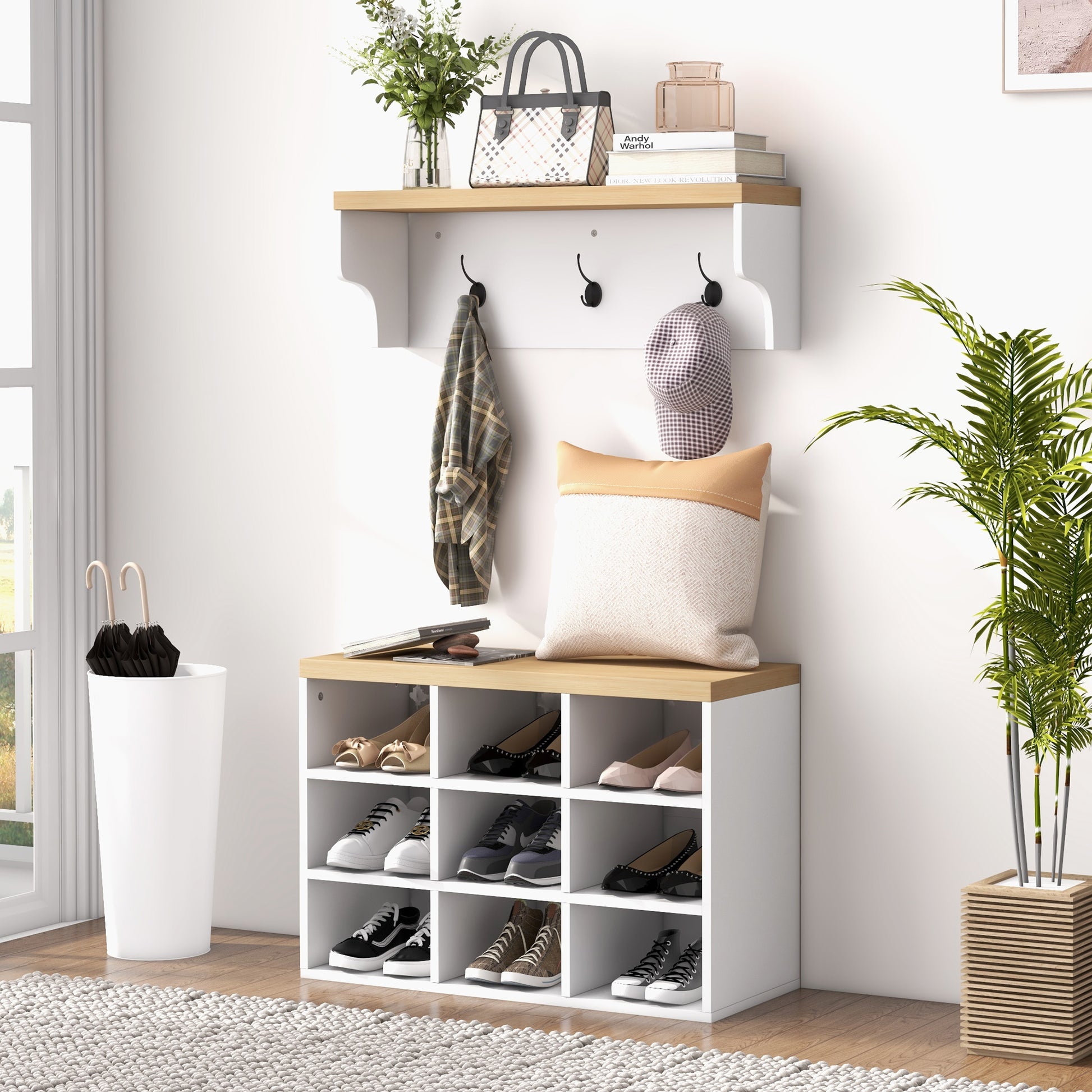 2-in-1 Hall Tree, 5-Hook Coat Rack Shoe Bench Set w/ Bench and Shoe Storage for Entryway, Hallway, White Clothing Storage Multi Colour  at Gallery Canada