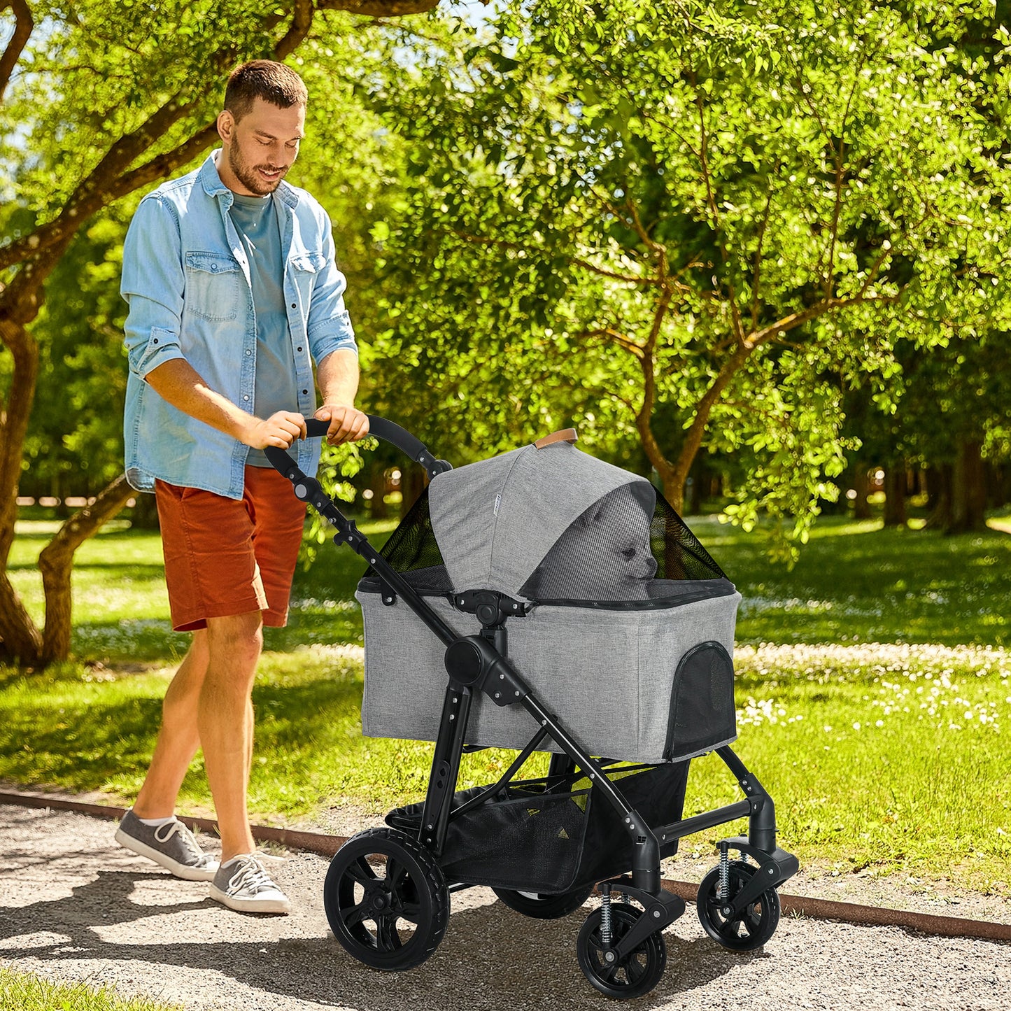 2 in 1 Dog Stroller with Detachable Carriage Bag, Adjustable Canopy, Safety Leashes, Storage Basket for S Dogs, Grey Dog Bike Trailers & Strollers at Gallery Canada