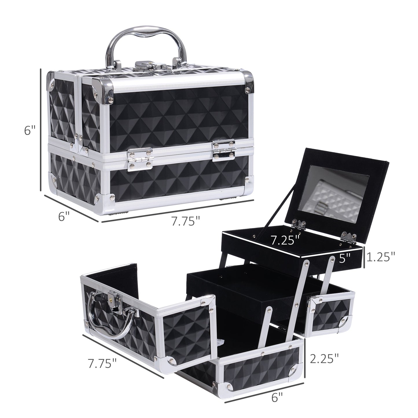 3 Tier Diamond Texture Makeup Train Case Cosmetic Organizer with Mirror, Black Makeup Cases   at Gallery Canada