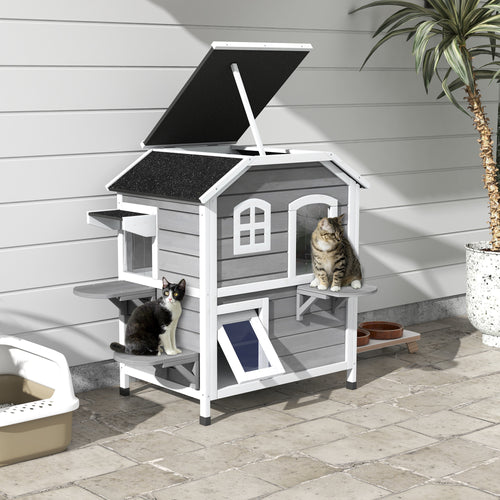 2-Storey Outdoor Cat House, Wooden Catio with Openable Roof, Lounge Space, Fun Entrances, for Feral Cats, Grey