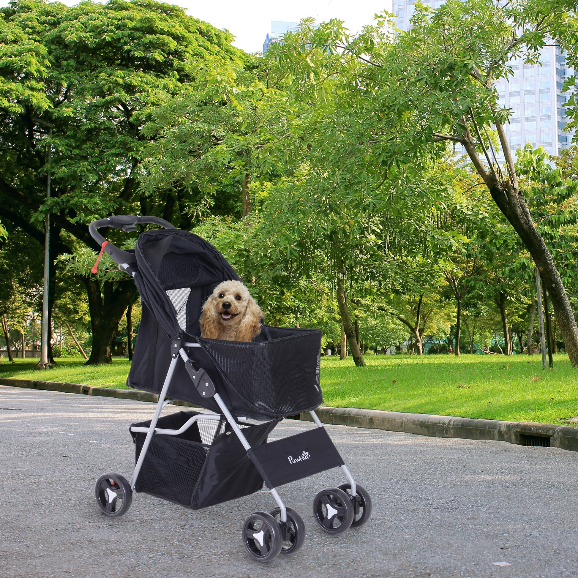 Foldable Pet Stroller with 4 Wheels, Cup Holder, Storage Basket, Black Dog Bike Trailers & Strollers   at Gallery Canada