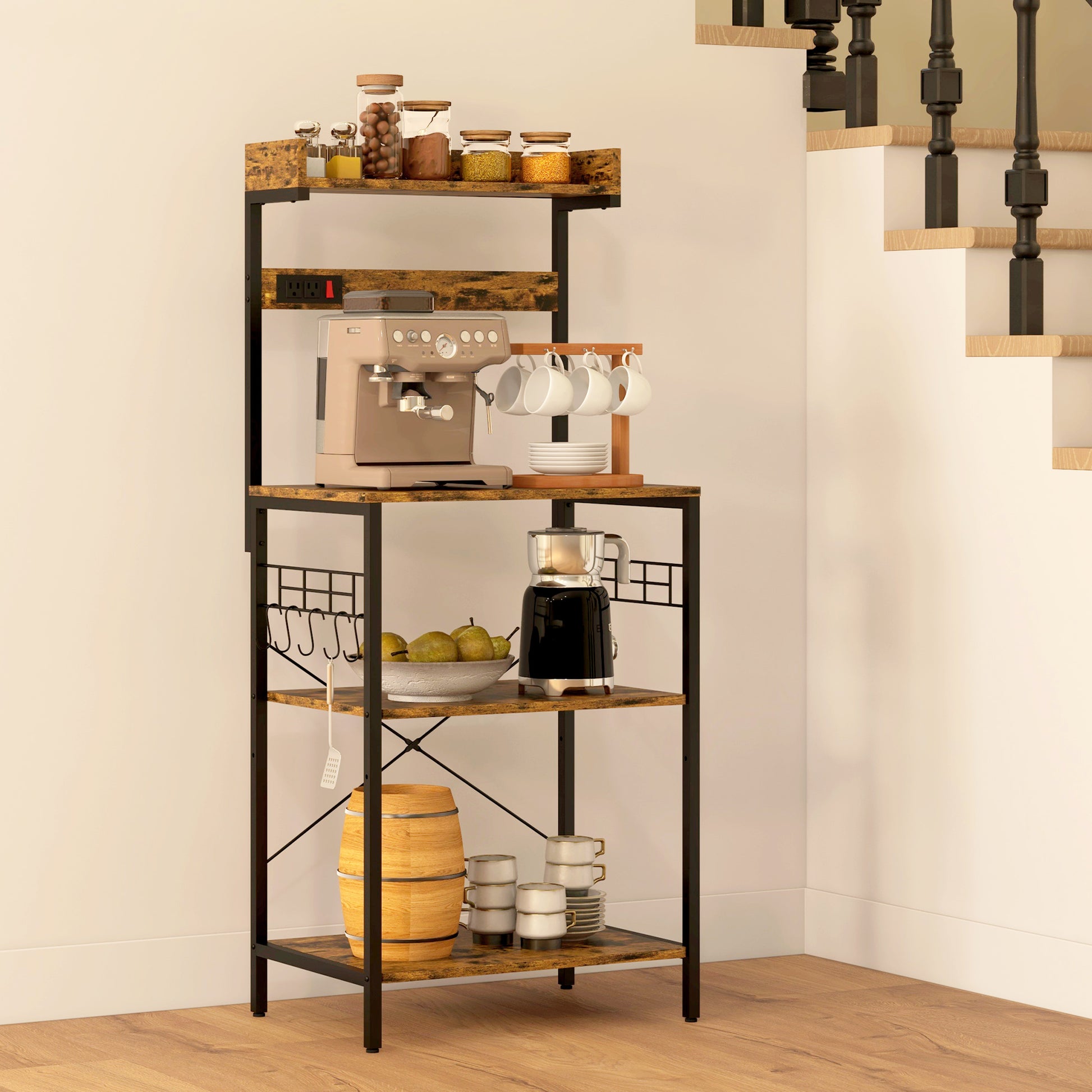 Kitchen Baker's Rack with Power Outlet, Coffee Bar Station with Adjustable Shelves and Hooks, Rustic Brown Bar Cabinets   at Gallery Canada