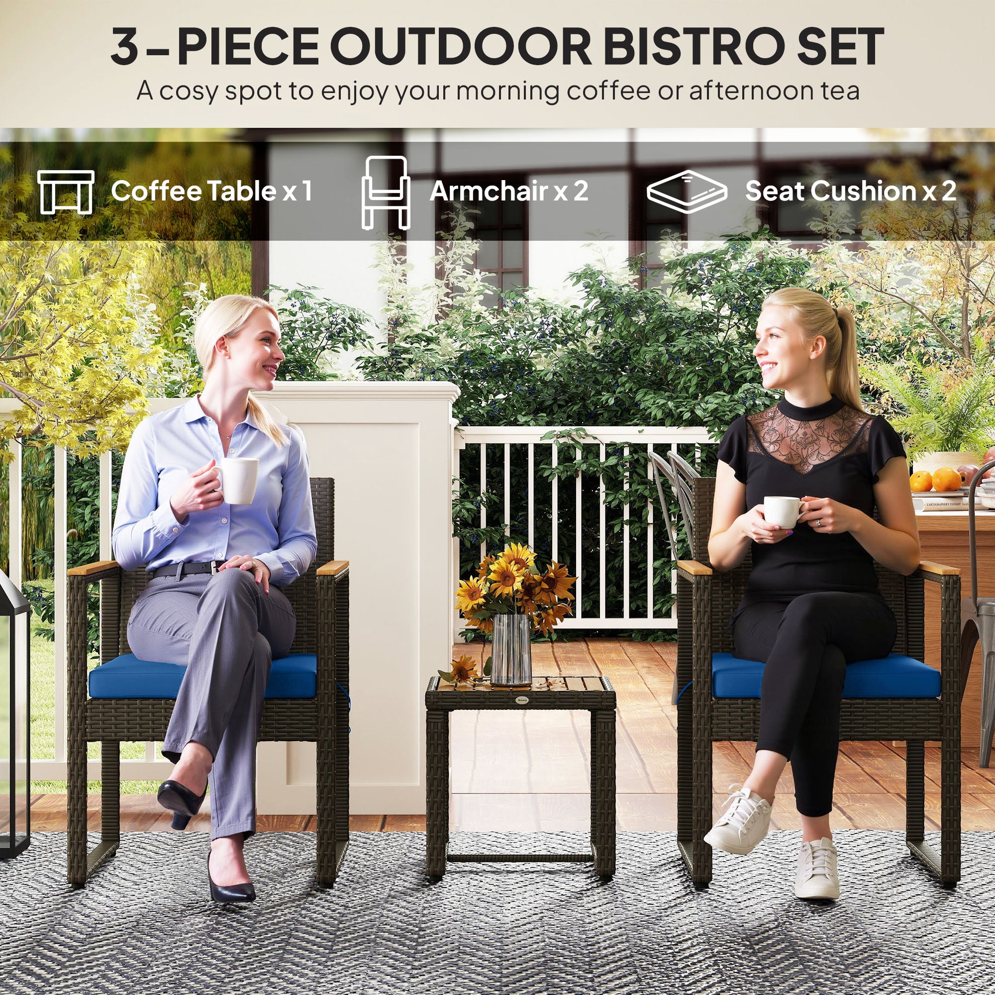3 Pieces Wicker Patio Furniture Set, Rattan Bistro Set w/ Acacia Wood Table &; Removable Cushions, Dark Blue Bistro Sets at Gallery Canada