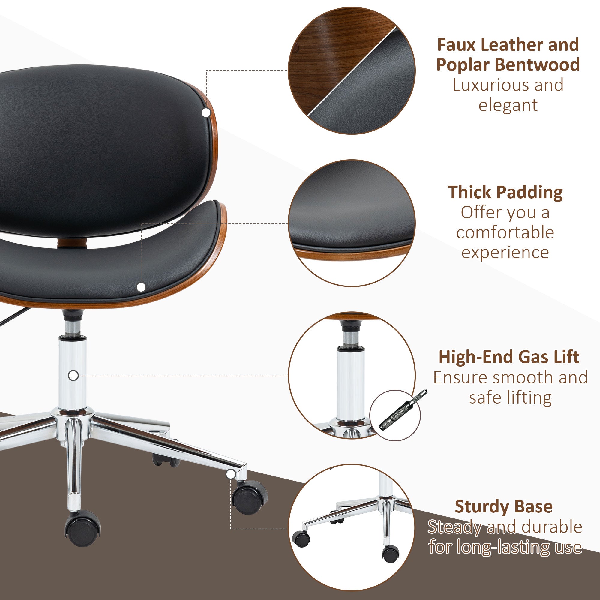 Home Office Chair, Faux Leather and Bentwood Computer Desk Chair with 360 Degree Swivel Wheels, Adjustable Height and Curved Seat, Black Task Chairs at Gallery Canada