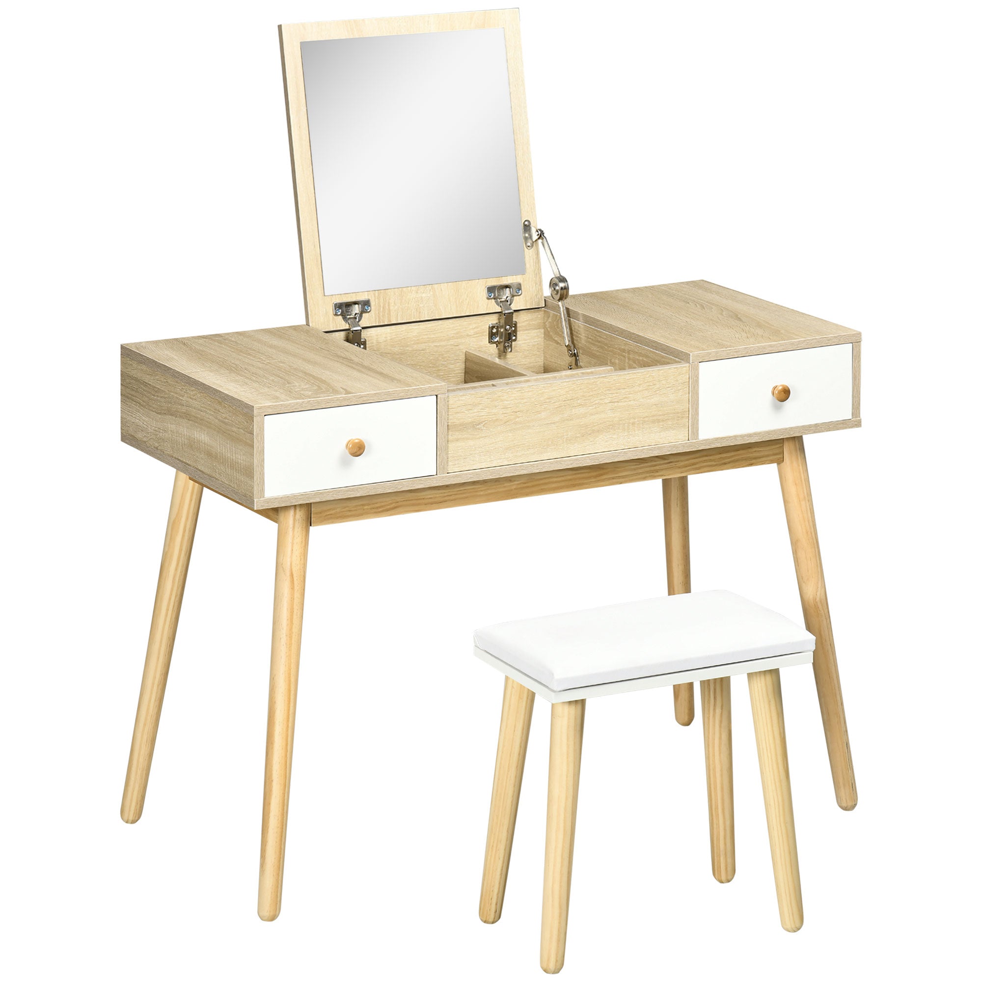 Flip Top Mirror Vanity Set with Cushioned Stool, 2 Drawers, Storage Grids, Natural Dressing & Vanity Tables Natural  at Gallery Canada