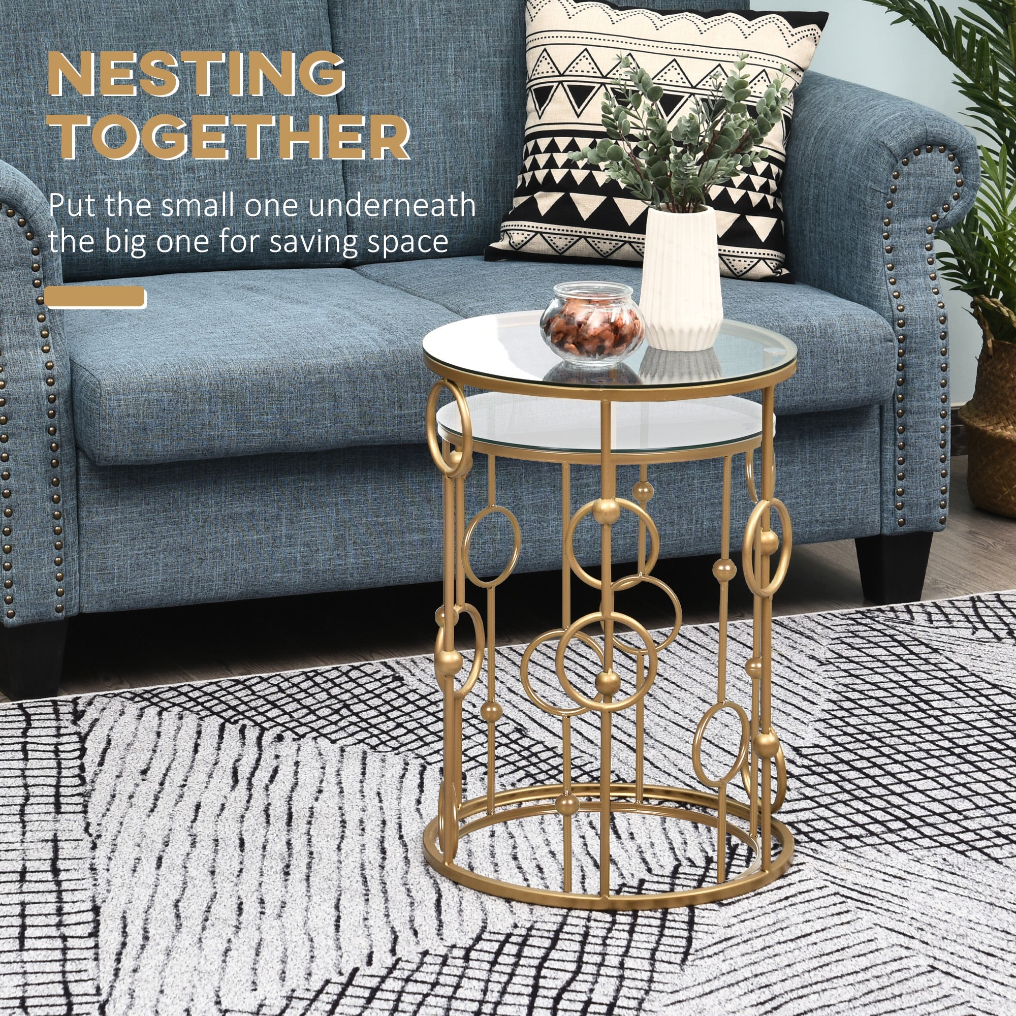 Round Coffee Tables Set of 2, Gold Nesting Side End Tables with Tempered Glass Top, Steel Frame for Living Room Coffee Tables   at Gallery Canada