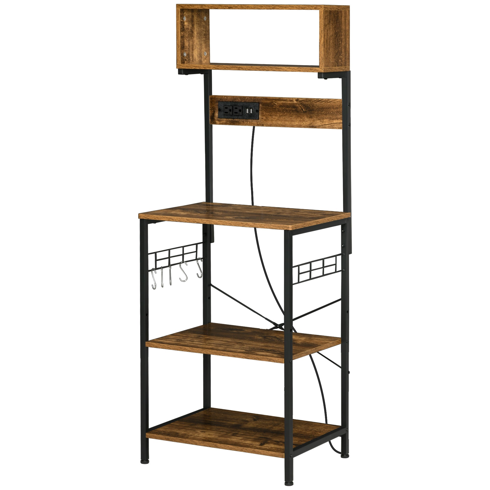 Baker's Rack with Charing Station, Microwave Shelf with Power Outlet, USB Charger and 5 Hooks, Rustic Brown Storage Cabinets Rustic Brown  at Gallery Canada