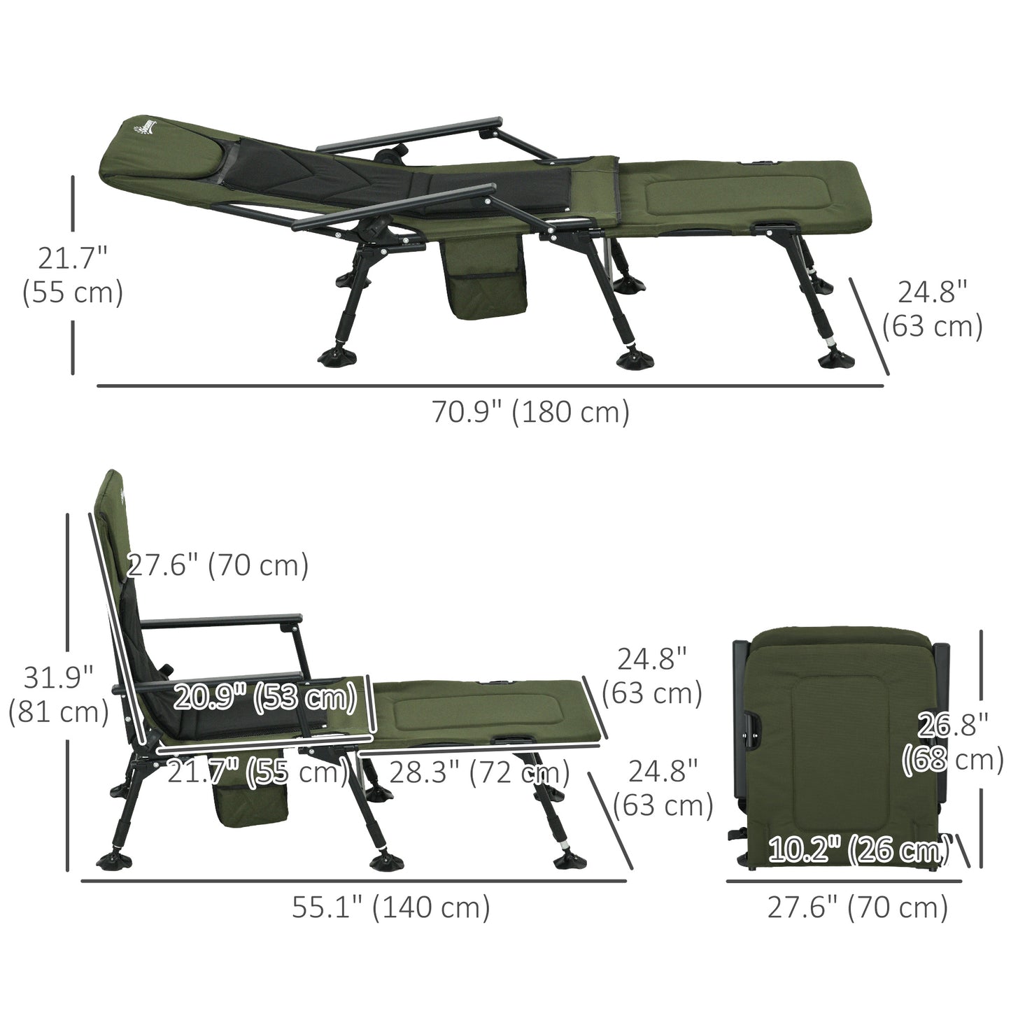 Folding Fishing Chair, 330 lb Heavy Duty Camping Chair with Reclining Backrest, Footrest, Adjustable Legs, Dark Green Picnic Tables & Camping Chairs   at Gallery Canada