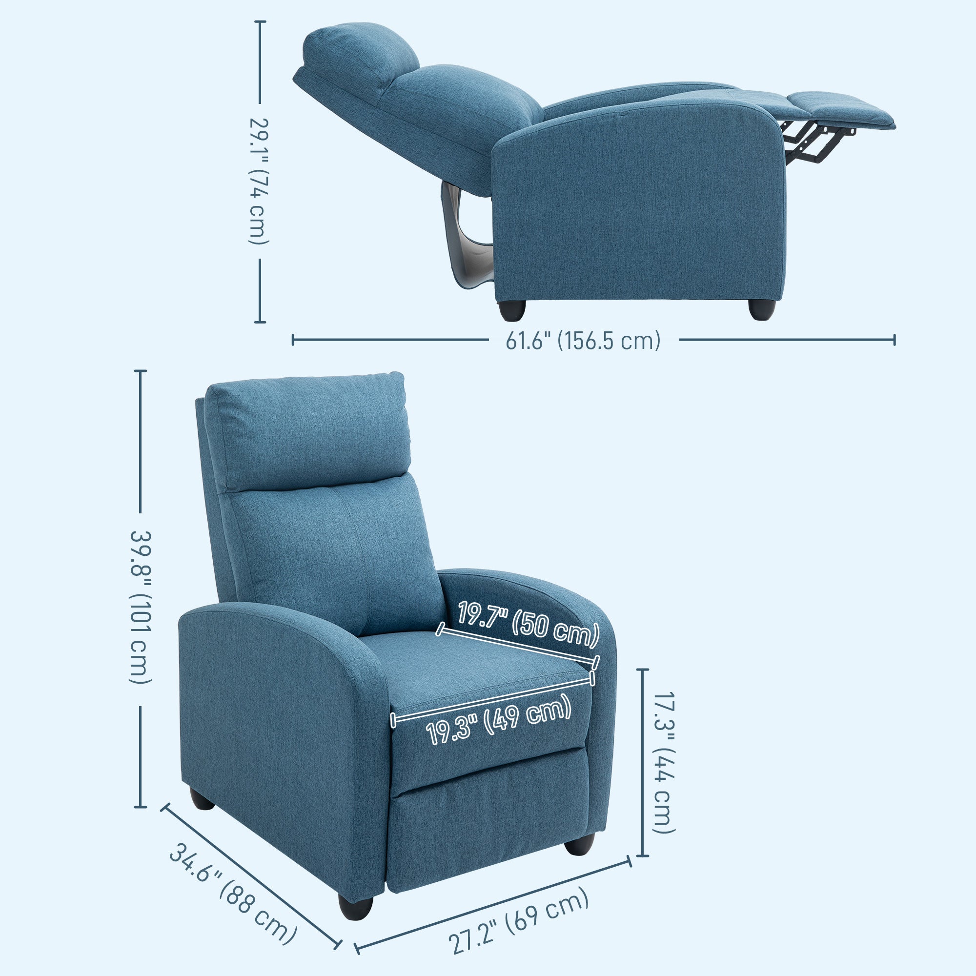 Fabric Recliner Chair Manual Home Theater Seating Single Reclining Sofa Chair with Padded Seat for Living Room, Blue Sofas & Reclining Chairs   at Gallery Canada