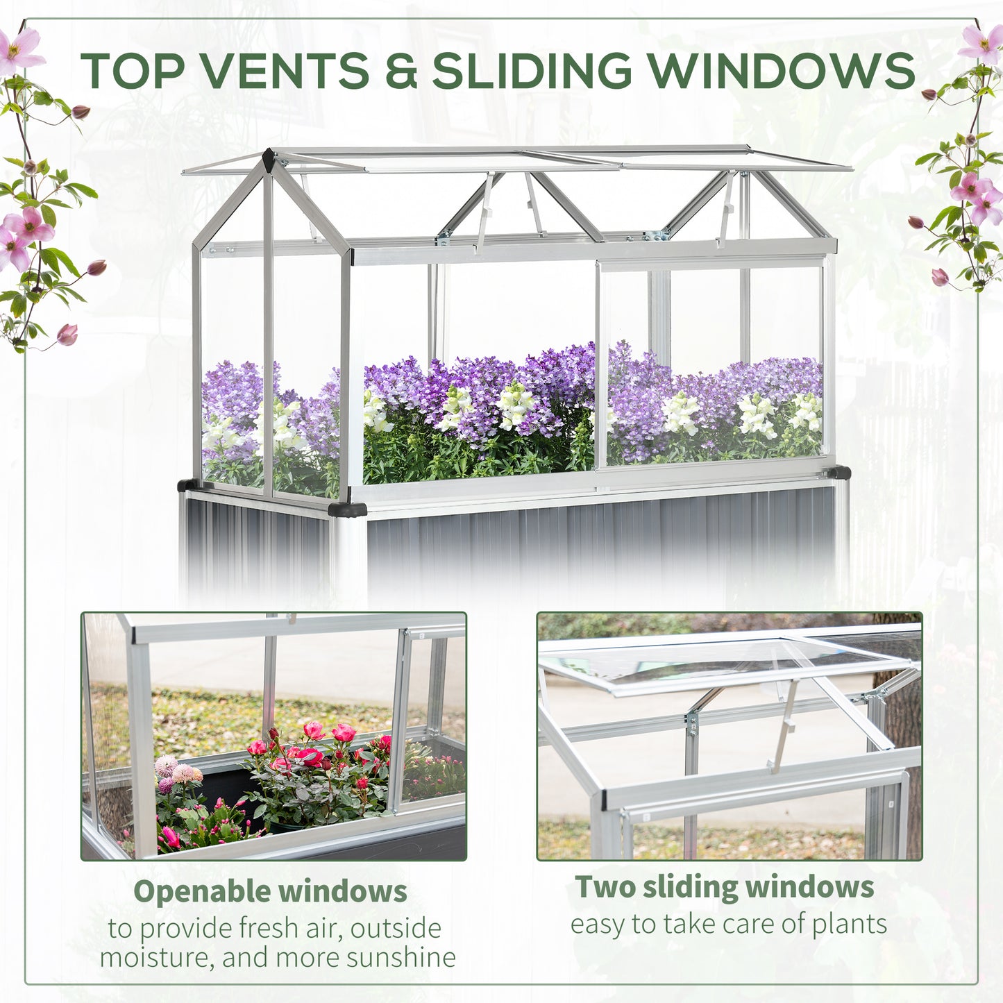 45"x24"x51" Raised Garden Bed with Greenhouse, Windows, Galvanized Steel Frame for Vegetables Flowers Herbs, Dark Grey Cold Frame Greenhouses   at Gallery Canada