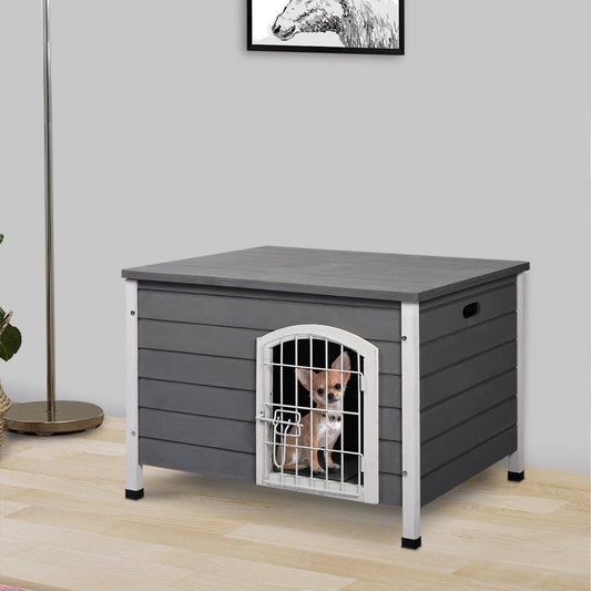 31" Folding Dog House, Portable Pet Crate Kennel, Wooden Wire Cage for Miniature and Small Sized Dogs with Lockable Doors Open Top Removable Tray, Grey - Gallery Canada