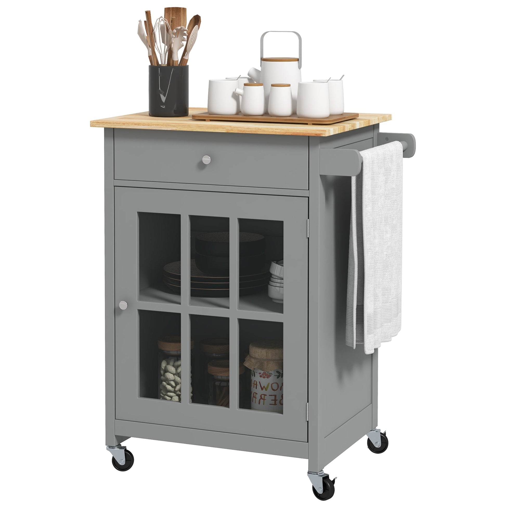 Rolling Kitchen Cart with Drawer and Glass Door Cabinet, Kitchen Island on Wheels with Towel Rack, Grey Kitchen Islands & Kitchen Carts Grey & Oak  at Gallery Canada