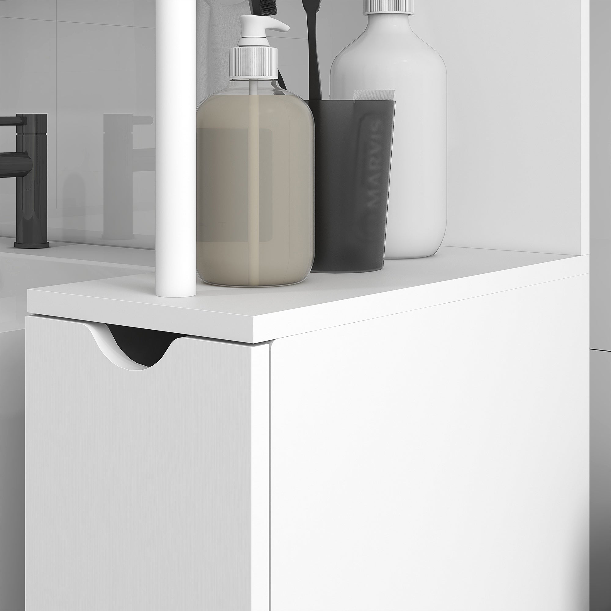 Tall Bathroom Storage Cabinet, Narrow Bathroom Cabinet with Drawers and Open Shelves for Small Spaces, White Bathroom Cabinets   at Gallery Canada