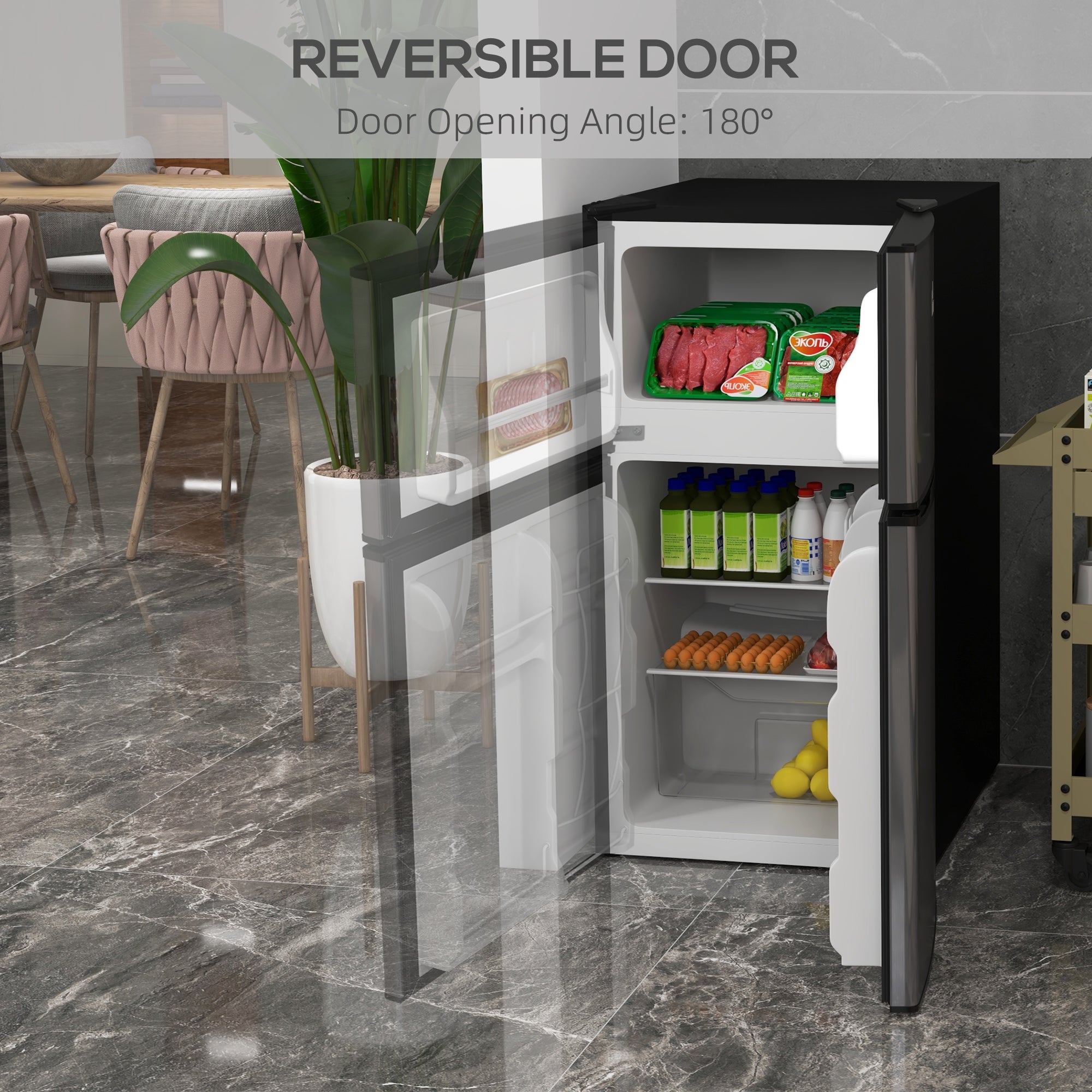 3.2 Cu Ft Compact Refrigerator, Mini Fridge with Freezer, Adjustable Shelves and Reversible Doors for Bedroom, Silver Small Kitchen Appliances at Gallery Canada