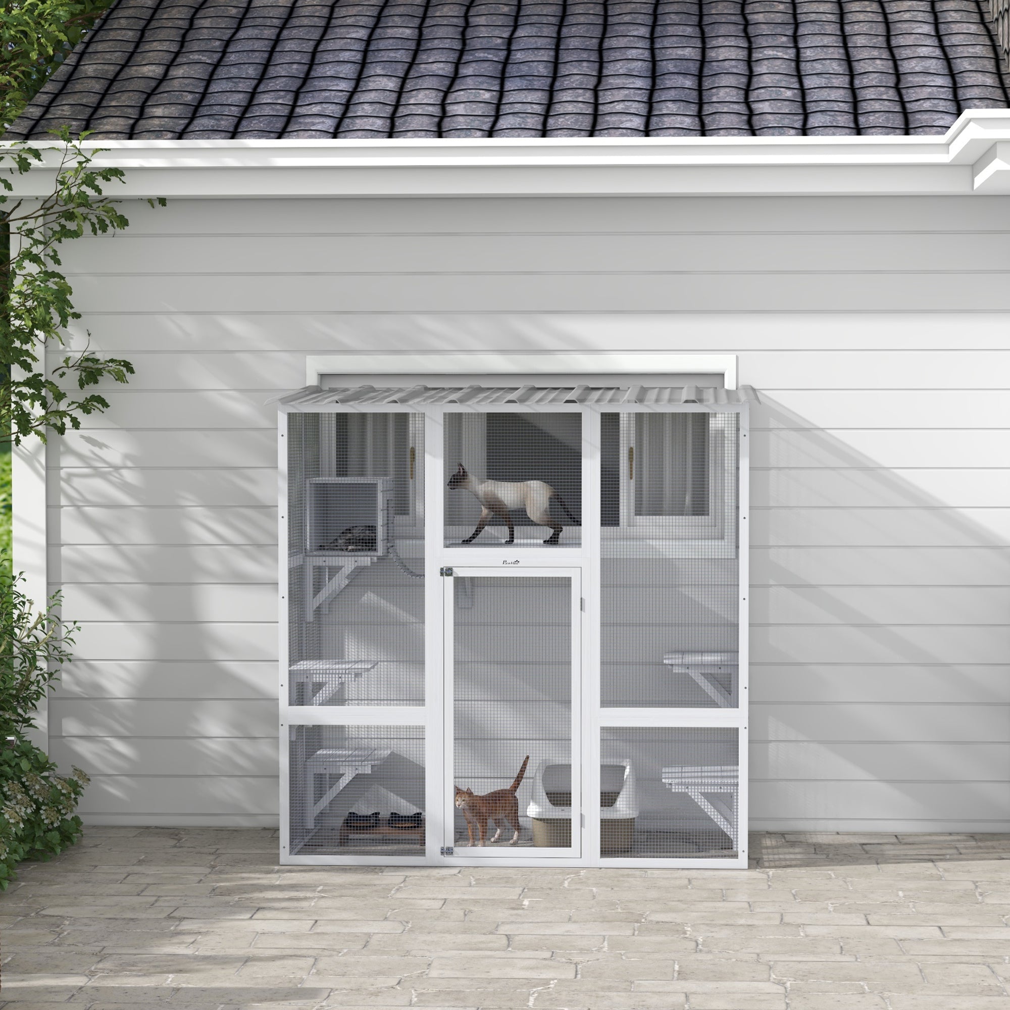 Outdoor Cat Enclosure Window Box with Weatherproof Roof, Bridge, Resting Box, Platforms, for 2 Kittens, White Outdoor Cat Enclosures at Gallery Canada