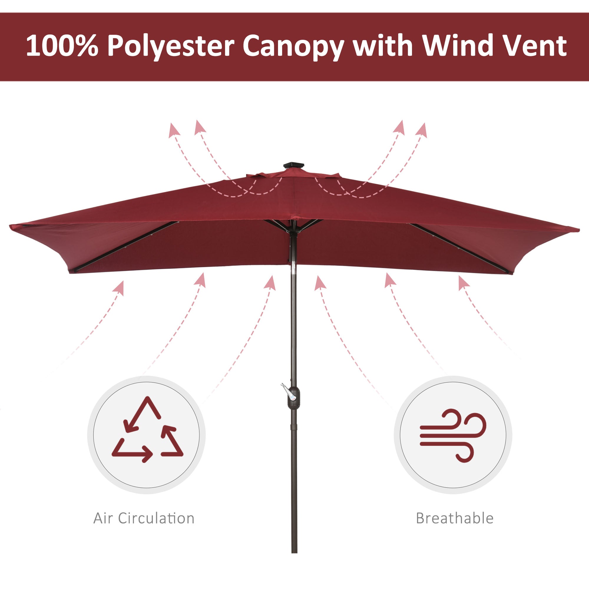 6.5x10ft Patio Umbrella Rectangle Solar Powered Tilt Aluminum Outdoor Market Parasol with LEDs Crank (Wine Red) Sun Umbrellas at Gallery Canada