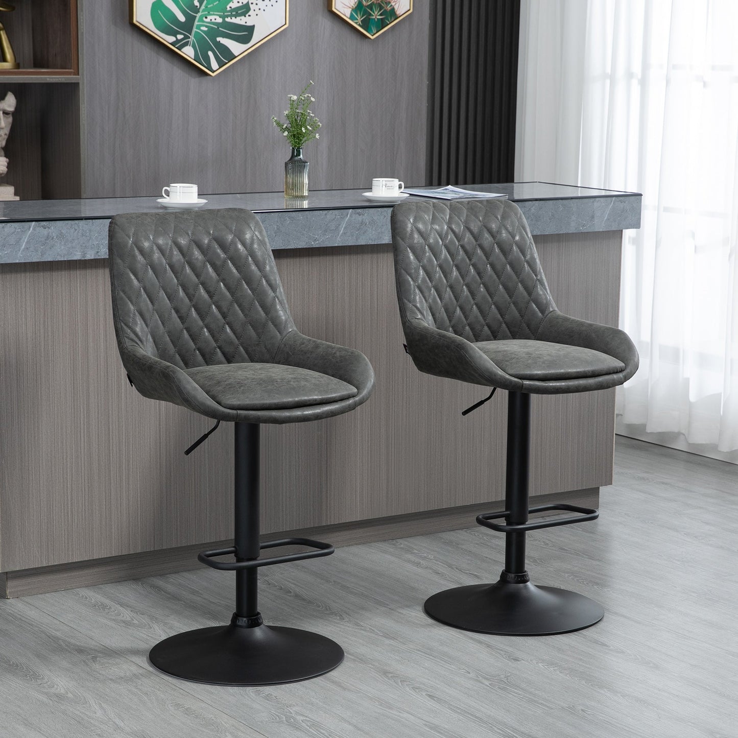 Retro Bar Stools Set of 2, Adjustable Kitchen Stool, Upholstered Bar Chairs with Back, Swivel Seat, Dark Grey Bar Stools   at Gallery Canada