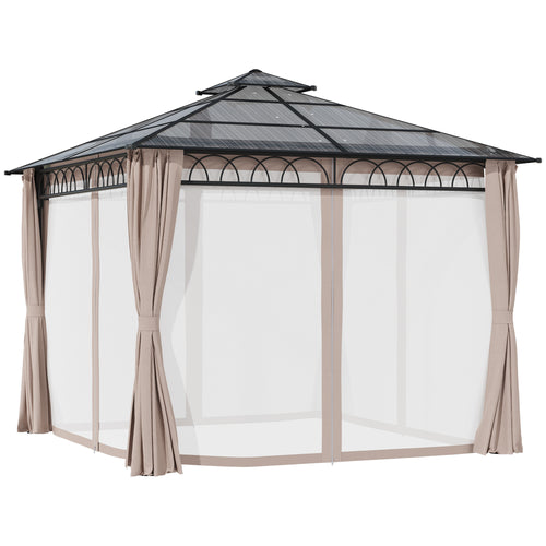 9' x 10' Outdoor Hardtop Gazebo Canopy w/ Double PC Roof, Steel Frame, Nettings, Curtains for Garden Lawn Deck, Khaki