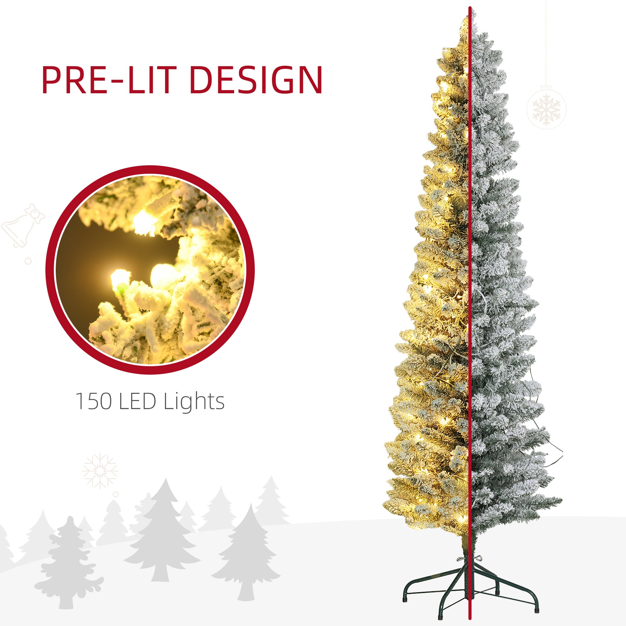 6ft Artificial Prelit Christmas Tree with Warm White LED Light, Snow Flocked Branches, Metal Base, Pencil Xmas Tree Pre Lit Christmas Trees   at Gallery Canada