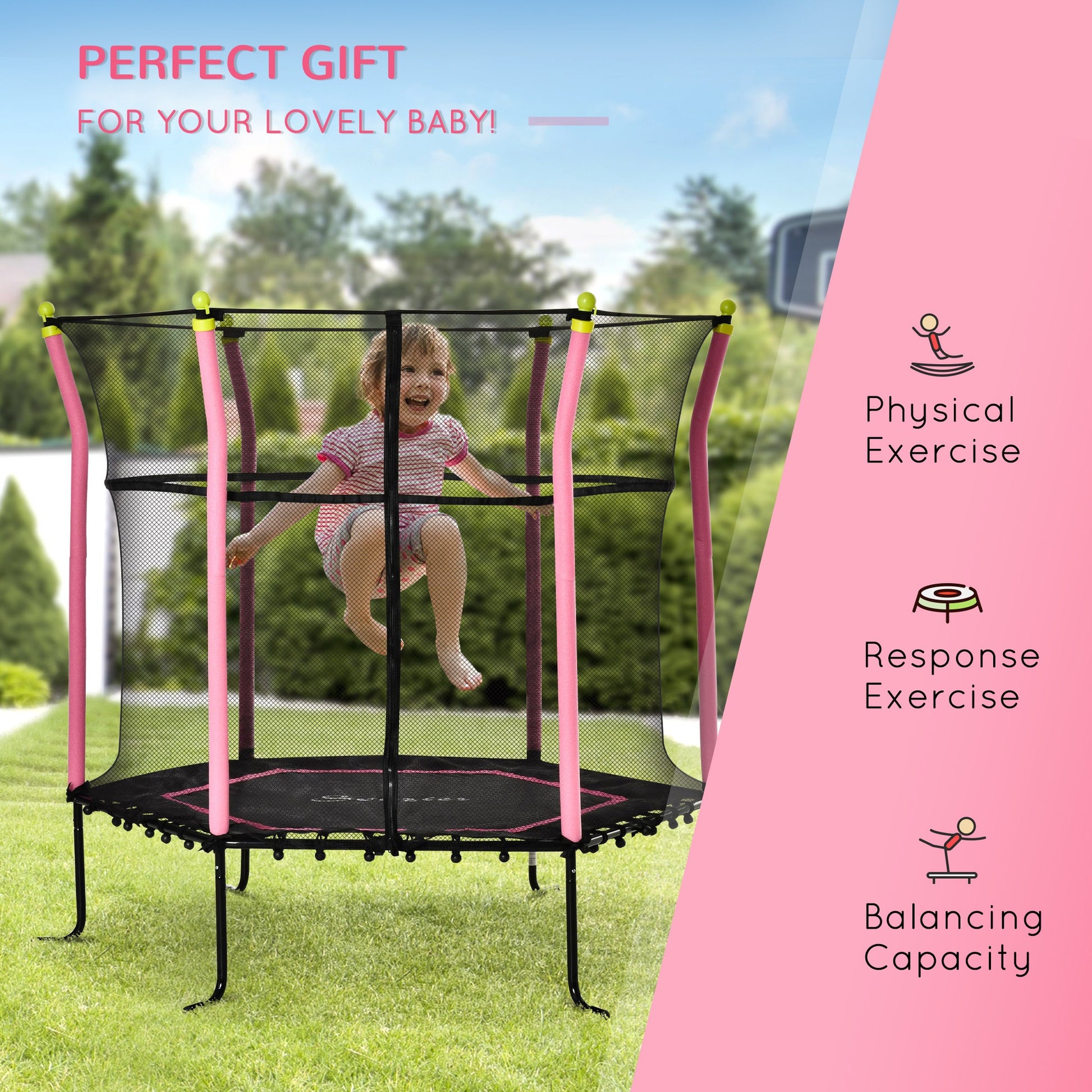 63" Kids Trampoline Mini Indoor/Outdoor Bouncer Jumper with Enclosure Net Elastic Thick Padded Pole Gift for Child Toddler Age 3-10 Years Old Pink Trampolines   at Gallery Canada