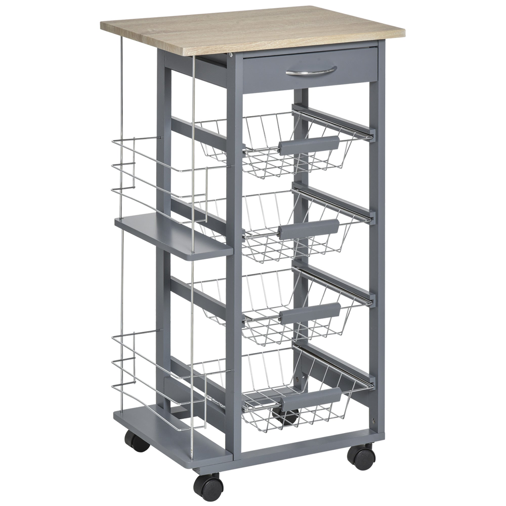 Rolling Kitchen Cart, Utility Storage Cart with 4 Baskets, Drawer, Side Racks, Wheels for Dining Room, Dark Grey Kitchen Islands & Kitchen Carts Natural and Dark Grey  at Gallery Canada