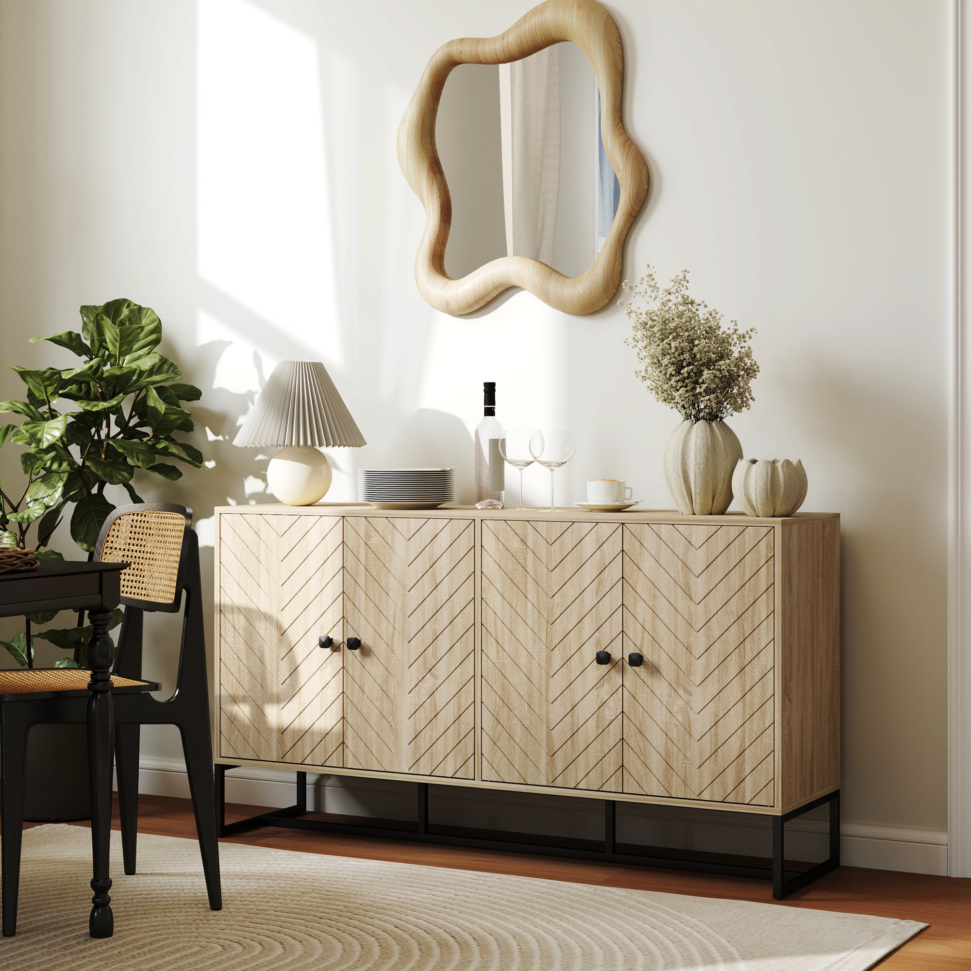 Sideboard Buffet Cabinet with 2 Adjustable Shelves and Steel Base, TV Stand, Coffee Bar Cabinet for Living Room, Oak Storage Cabinets at Gallery Canada