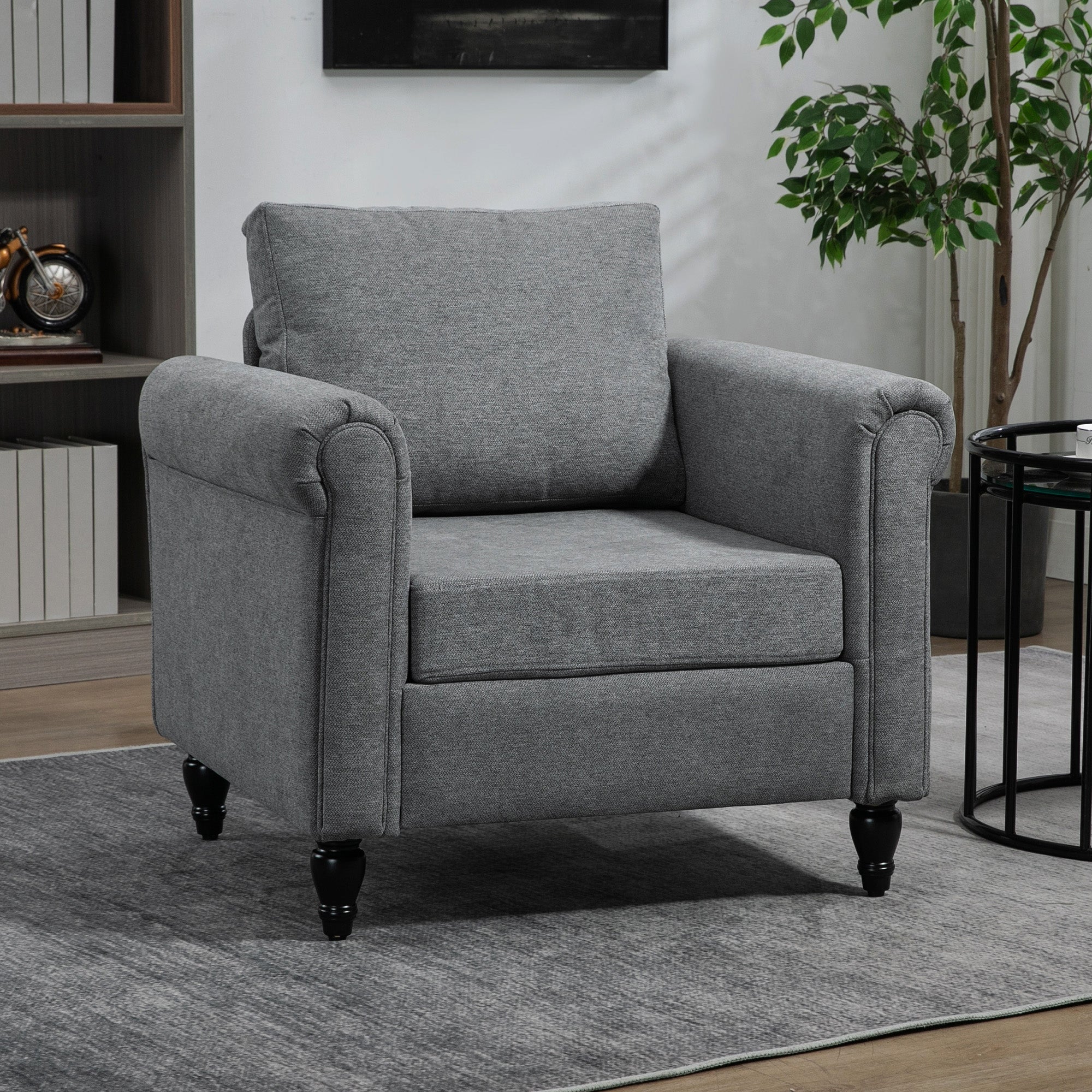 Vintage Armchair, Upholstered Accent Chair with Rolled Arms, Gourd-Shaped Rubber Wood Legs, Light Grey Accent Chairs   at Gallery Canada