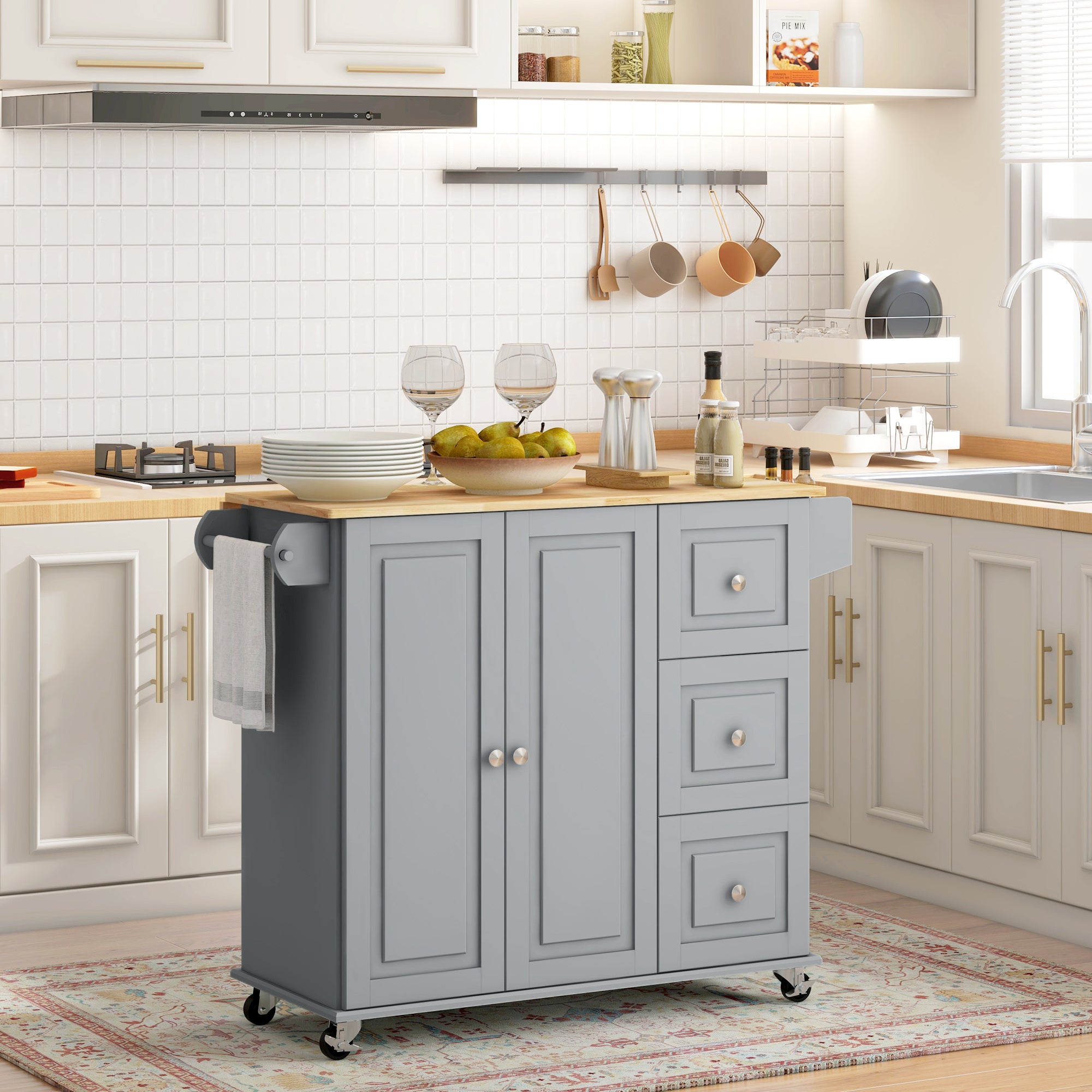 Kitchen Island on Wheels, Kitchen Cart with Drop Leaf, Drawers, Grey Kitchen Islands & Kitchen Carts   at Gallery Canada