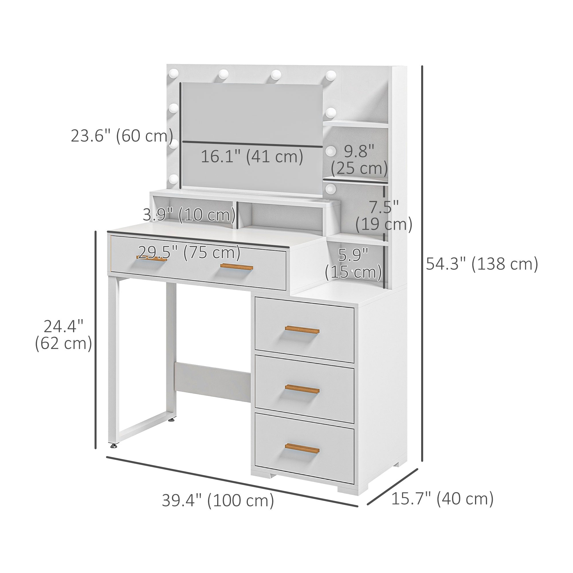 Illuminated Dresssing Table, LED Vanity Table with Mirror, Drawer and Storage Shelves for Bedroom, White Dressing & Vanity Tables   at Gallery Canada