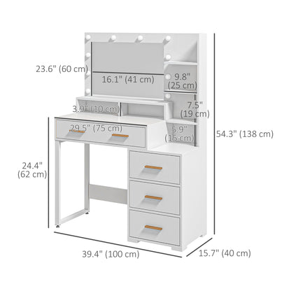 Illuminated Dresssing Table, LED Vanity Table with Mirror, Drawer and Storage Shelves for Bedroom, White Dressing & Vanity Tables   at Gallery Canada