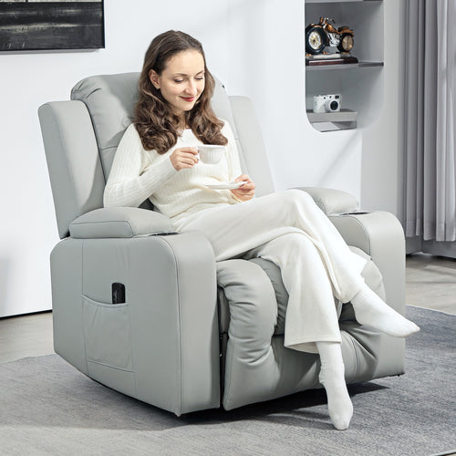 Recliner Chair with 8 Vibration, Overstuffed PU Leather Reclining Chair with Wide Seat, Cup Holders, Rocking, Light Grey