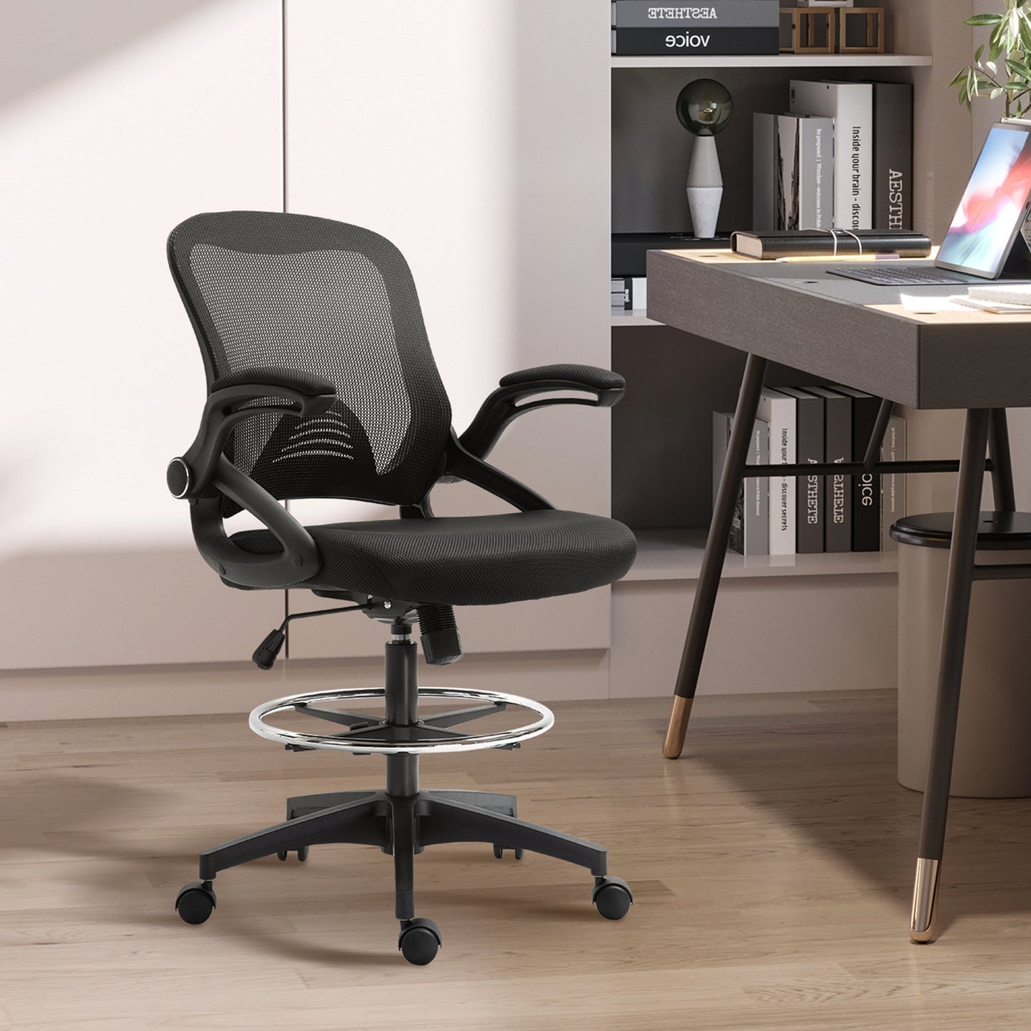 Adjustable Drafting Chair Tall Office Stand-Up Chair with Flip-up Armrest and Foot Ring, 360° Swivel, Black Task Chairs   at Gallery Canada