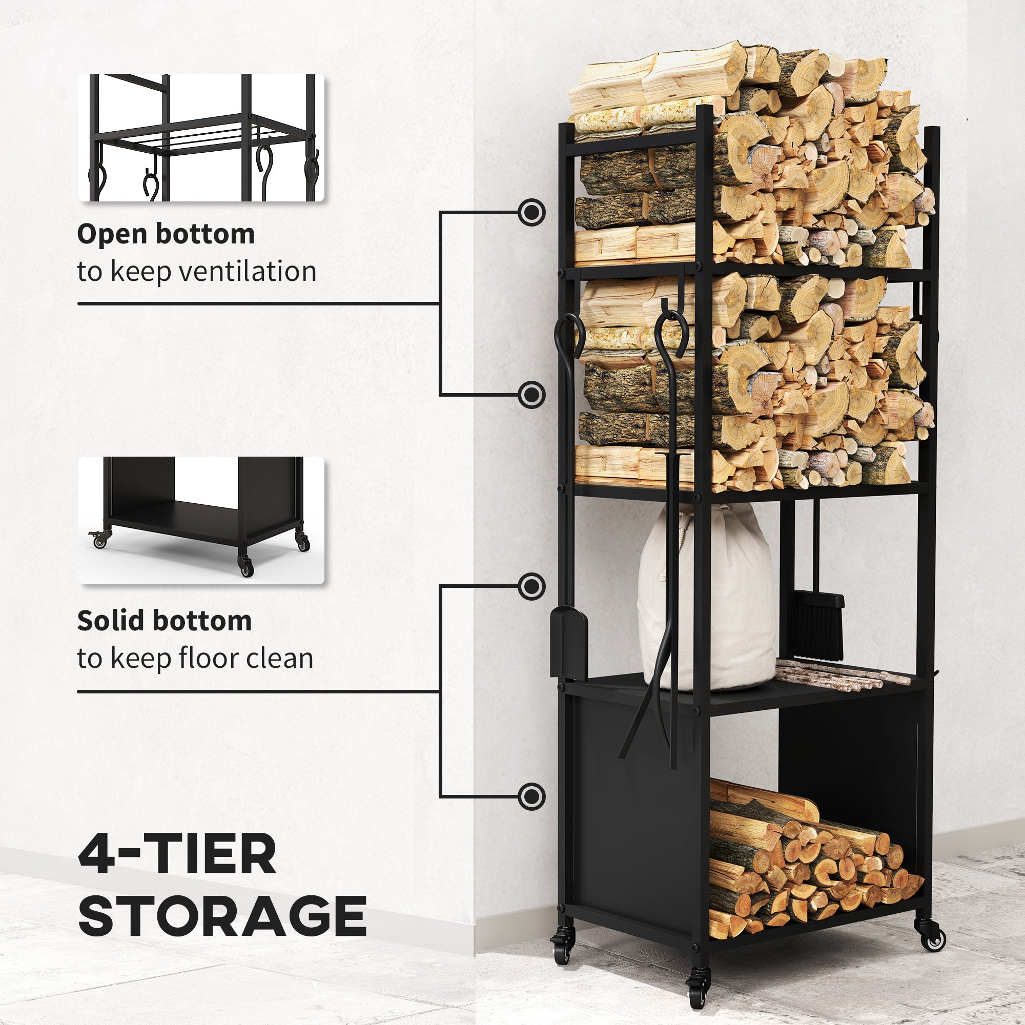 4-Tier Outdoor Indoor Firewood Rack with Wheels and 4 Tools, Powder-Coated Steel Wood Storage Rack Log Holder Firewood Racks at Gallery Canada