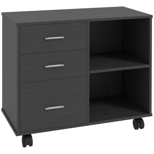 Modern Lateral Filing Cabinet, 3 Drawer File Cabinet for Letter and A4 Size Documents, Mobile, Printer Stand with Open Shelves, Rolling Wheels, Black