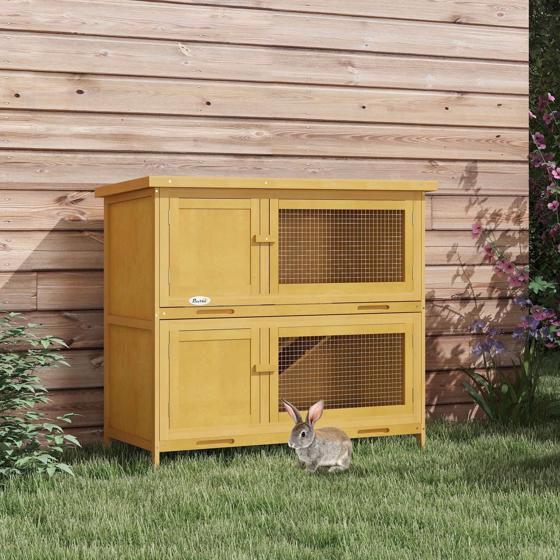 Wood Rabbit Hutch with 2 Large Main House, Ramp, Trays, Yellow Rabbit Hutch   at Gallery Canada