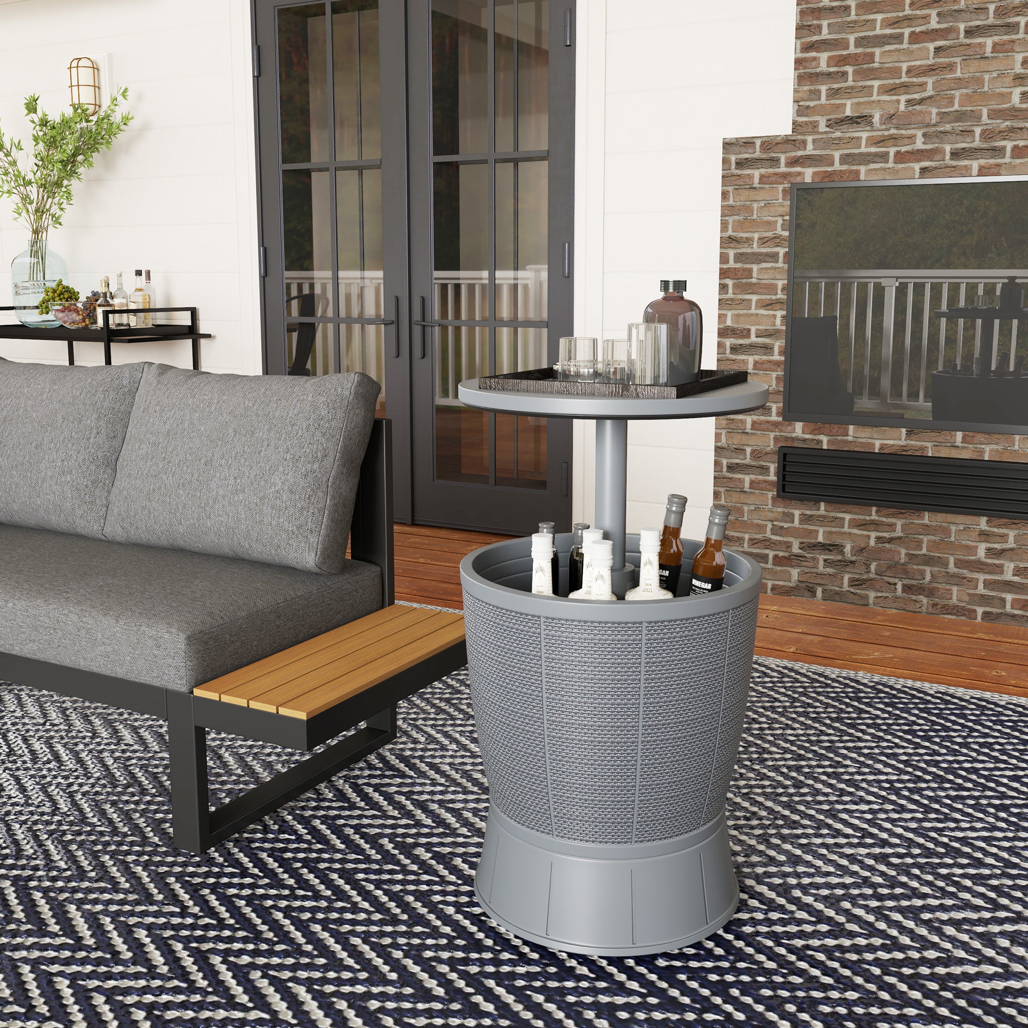 11 Gallon Patio Cooler Side Table, 3-in-1 Outdoor Cool Bar Table with Height Adjustable Top, Drainage Plug, Grey Patio Side Tables at Gallery Canada