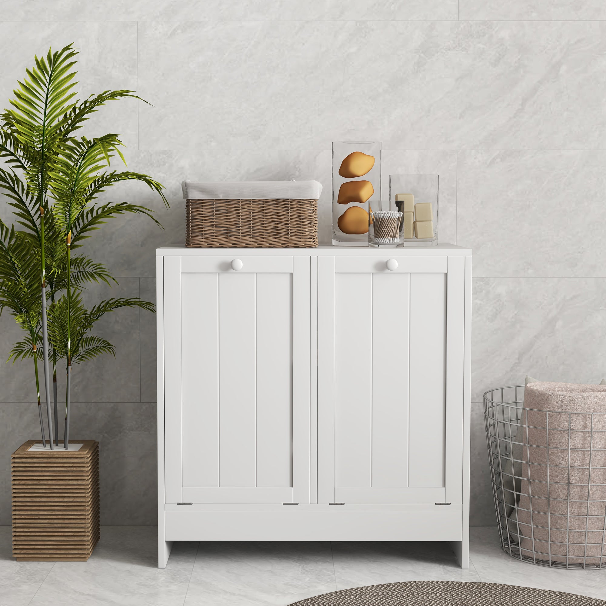 Tilt-Out Laundry Storage Cabinet, Modern Laundry Hamper with 2 Compartments for Bathroom Washroom, White Bathroom Cabinets at Gallery Canada