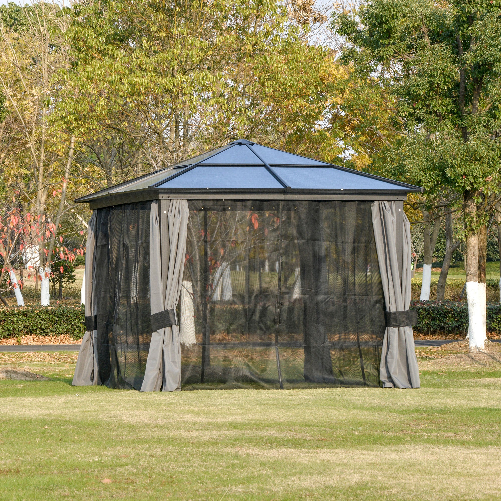 10x10ft Hardtop Gazebo with Aluminum Frame, Polycarbonate Gazebo Canopy with Curtains and Netting Gazebos at Gallery Canada